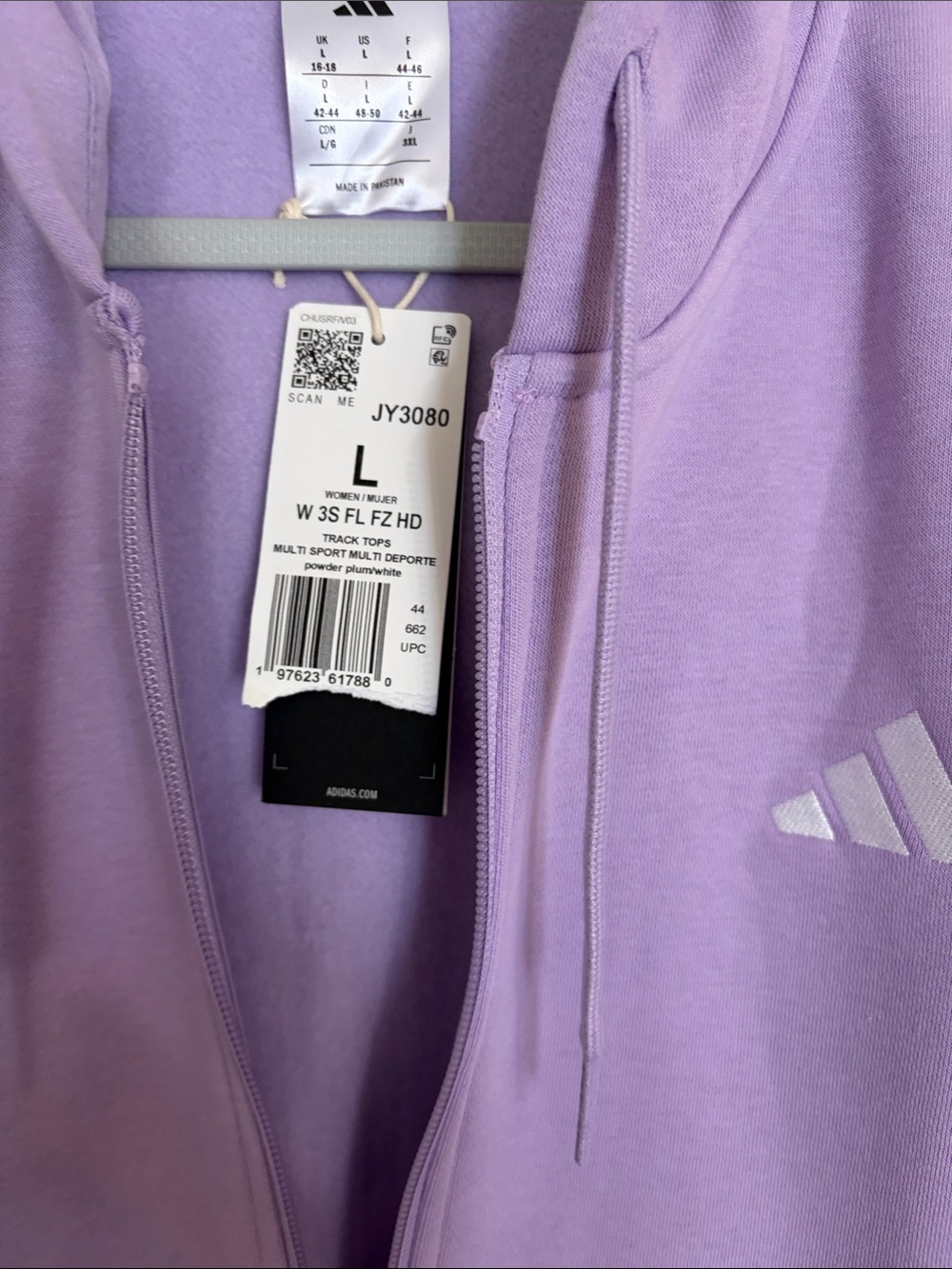 adidas Lavender Zip-Up Hoodie with White Three-Stripes - Picture 2 of 6
